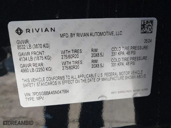 2025 Rivian R1S Adventure with VIN 7PDSGBBA4SN047584, listed as a IAAI auction lot 41372645 with 501 mi miles. Bid and sale history available at carsss.com. Image 9.