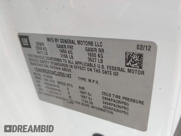 2012 Chevrolet Traverse 1LT with VIN 1GNKRGED8CJ255147, listed as a IAAI auction lot 40706030 with 177,539 mi miles and . Bid and sale history available at DreamBid. Image 9.