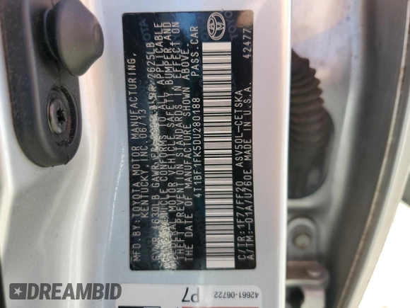 2013 Toyota Camry L with VIN 4T1BF1FK5DU280188, listed as a Copart auction lot 50226815 with 204,875 mi miles and Salvage Title. Bid and sale history available at DreamBid. Image 12.