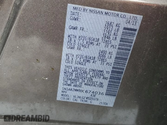 2013 Nissan Pathfinder Platinum with VIN 5N1AR2MM9DC674036, listed as a Copart auction lot 86051544 with 154,805 mi miles and Salvage title. Bid and sale history available at DreamBid. Image 13.