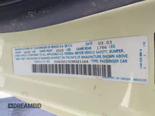 2003 Volkswagen Beetle GLS с VIN 3VWCD21Y03M321164, выставлен на аукционе IAAI как лот 41689568 с пробегом 107 402 миль миль и . История ставок и продаж доступна на DreamBid. Изображение 9.