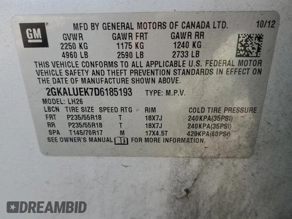 2013 GMC Terrain SLT with VIN 2GKALUEK7D6185193, listed as a Copart auction lot 59017655 with 132,362 mi miles and Salvage title. Bid and sale history available at DreamBid. Image 13.
