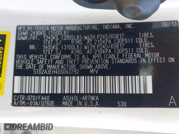 2013 Toyota Highlander with VIN 5TDZA3EH4DS042792, listed as a IAAI auction lot 41820271 with 118,536 mi miles and . Bid and sale history available at DreamBid. Image 9.