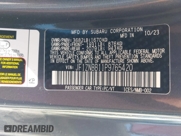 2023 Toyota 86 z VIN JF1ZNBB11P9765420, wystawiony jako IAAI lot #40588704 z przebiegiem Nie podano mil oraz . Historia ofert i sprzedaży dostępna na DreamBid. Obrazek 9.