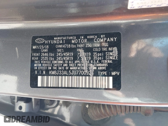2018 Hyundai Tucson Sport with VIN KM8J33AL5JU770092, listed as a IAAI auction lot 41395349 with 101,395 mi miles. Bid and sale history available at carsss.com. Image 9.