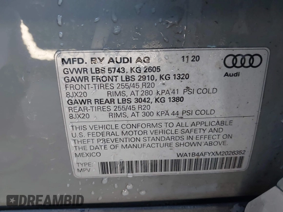 2021 Audi SQ5 Premium Plus with VIN WA1B4AFYXM2026352, listed as a IAAI auction lot 41875342 with 86,474 mi miles. Bid and sale history available at carsss.com. Image 8.