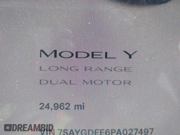 2023 Tesla Model Y Long Range with VIN 7SAYGDEE6PA027497, listed as a IAAI auction lot 41491072 with 24,962 mi miles and . Bid and sale history available at DreamBid. Image 7.