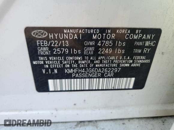 2013 Hyundai Azera with VIN KMHFH4JG6DA262297, listed as a Copart auction lot 56781155 with 234,793 mi miles and Clean Title. Bid and sale history available at DreamBid. Image 12.