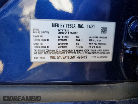 2021 Tesla Model S Long Range with VIN 5YJSA1E56MF428419, listed as a Copart auction lot 80341534 with 22,488 mi miles and Salvage title. Bid and sale history available at DreamBid. Image 12.