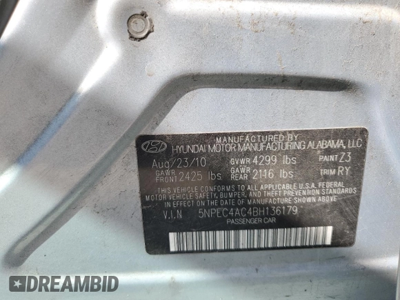 2011 Hyundai Sonata Limited with VIN 5NPEC4AC4BH136179, listed as a Copart auction lot 52580795 with 248,684 mi miles and Salvage Title. Bid and sale history available at DreamBid. Image 12.
