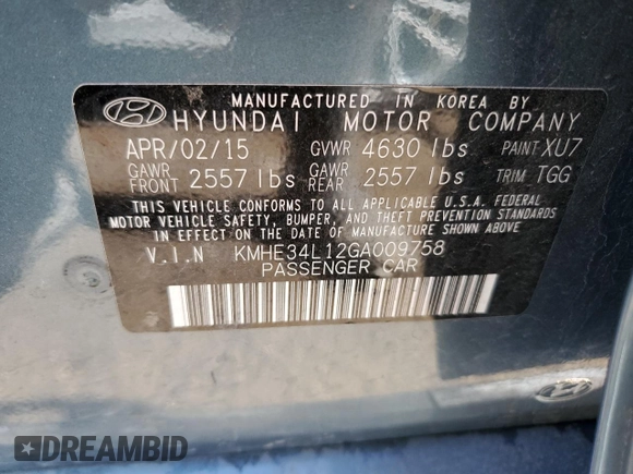 2016 Hyundai Sonata Hybrid Limited with VIN KMHE34L12GA009758, listed as a Copart auction lot 43332453 with 0 mi miles. Bid and sale history available at carsss.com. Image 13.