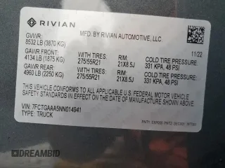 2022 Rivian R1T Adventure z VIN 7FCTGAAA5NN014941, wystawiony jako Copart lot #43771755 z przebiegiem 43 410 mil mil oraz Szkody całkowita. Historia ofert i sprzedaży dostępna na DreamBid. Obrazek 13.