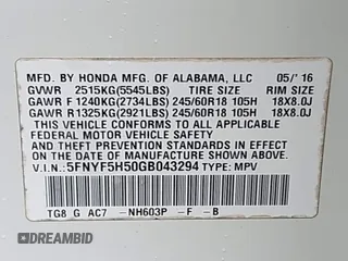 2016 Honda Pilot EX-L with VIN 5FNYF5H50GB043294, listed as a IAAI auction lot 41930654 with 92,728 mi miles and . Bid and sale history available at DreamBid. Image 9.