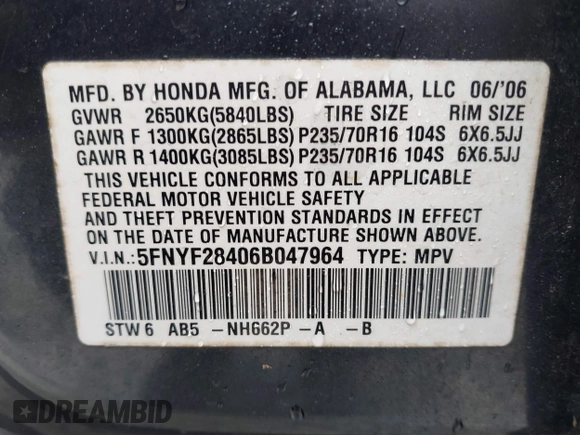 2006 Honda Pilot EX with VIN 5FNYF28406B047964, listed as a IAAI auction lot 41898134 with 217,877 mi miles and . Bid and sale history available at DreamBid. Image 9.