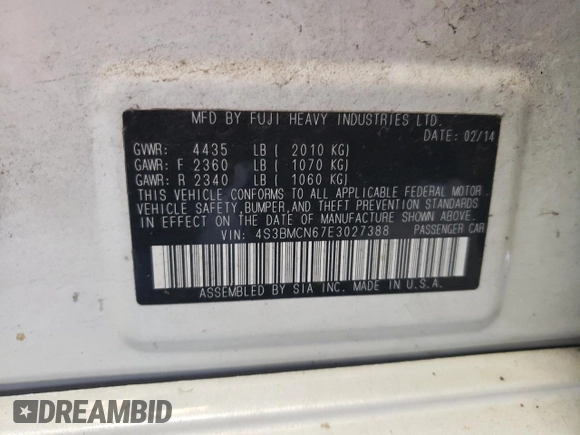 2014 Subaru Legacy z VIN 4S3BMCN67E3027388, wystawiony jako Copart lot #61457714 z przebiegiem Nie podano mil oraz Szkoda całkowita • Salvage title. Historia ofert i sprzedaży dostępna na DreamBid. Obrazek 12.