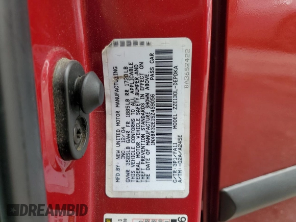 2005 Toyota Corolla CE with VIN 1NXBR32E15Z459056, listed as a Copart auction lot 54561445 with 143,981 mi miles and Salvage Title. Bid and sale history available at DreamBid. Image 12.