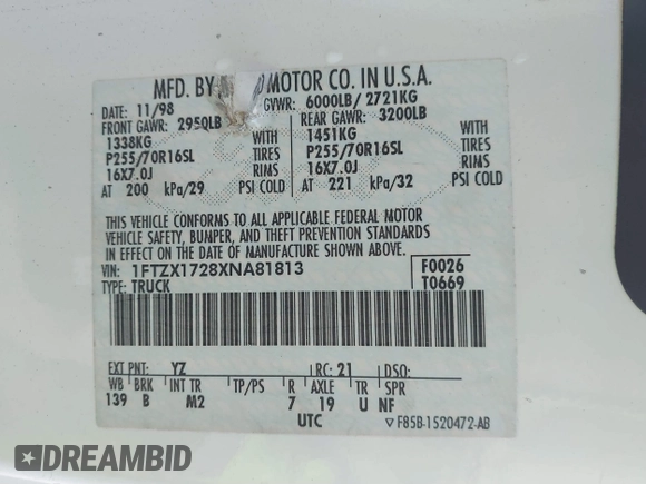 1999 Ford F-150 with VIN 1FTZX1728XNA81813, listed as a IAAI auction lot 41367154 with 149,103 mi miles and . Bid and sale history available at DreamBid. Image 9.