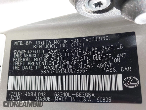 2020 Lexus ES 350 с VIN 58ADZ1B15LU078567, выставлен на аукционе IAAI как лот 41831863 с пробегом 32 793 миль миль и . История ставок и продаж доступна на DreamBid. Изображение 9.