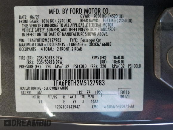 2021 Ford Mustang EcoBoost with VIN 1FA6P8TH2M5127983, listed as a Copart auction lot 61433405 with 52,953 mi miles and Salvage title. Bid and sale history available at DreamBid. Image 13.