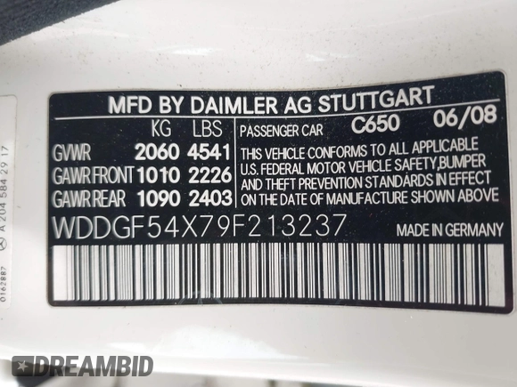 2009 Mercedes-Benz C 300 Sport with VIN WDDGF54X79F213237, listed as a IAAI auction lot 42452354 with 179,571 mi miles and . Bid and sale history available at DreamBid. Image 9.