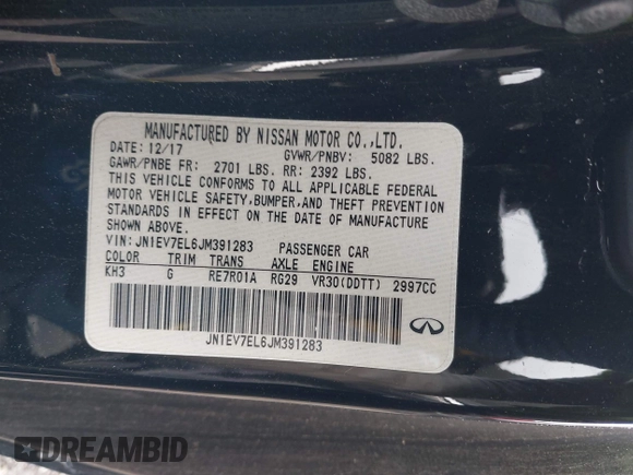 2018 Infiniti Q60 Sport with VIN JN1EV7EL6JM391283, listed as a IAAI auction lot 42346900 with 70,015 mi miles and . Bid and sale history available at DreamBid. Image 9.