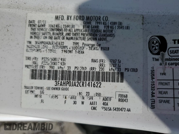 2012 Ford Fusion SEL with VIN 3FAHP0JA2CR141622, listed as a Copart auction lot 62663395 with 205,806 mi miles and Salvage title. Bid and sale history available at DreamBid. Image 12.