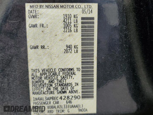 2014 Nissan Altima S with VIN 1N4AL3AP8EC428290, listed as a Copart auction lot 52006015 with 151,772 mi miles and Salvage Title. Bid and sale history available at DreamBid. Image 12.