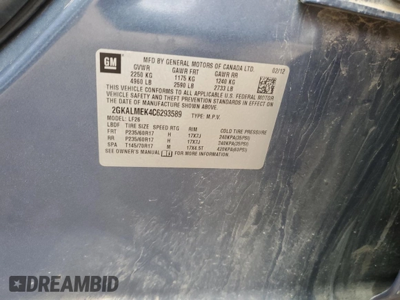 2012 GMC Terrain SLE-1 with VIN 2GKALMEK4C6293589, listed as a Copart auction lot 61306625 with 233,732 mi miles and Salvage title. Bid and sale history available at DreamBid. Image 12.