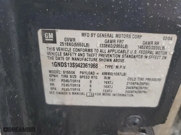2004 Chevrolet TrailBlazer LT with VIN 1GNDS13S942361968, listed as a Copart auction lot 74800744 with 239,655 mi miles and Salvage Title. Bid and sale history available at carsss.com. Image 13.