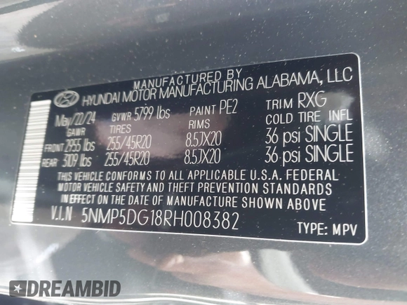 2024 Hyundai Santa Fe Calligraphy with VIN 5NMP5DG18RH008382, listed as a IAAI auction lot 42329590 with Not provided miles and . Bid and sale history available at DreamBid. Image 9.