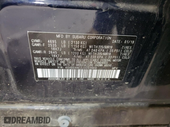 2018 Subaru Outback Limited with VIN 4S4BSANC2J3302669, listed as a Copart auction lot 54076515 with 83,668 mi miles and Salvage title. Bid and sale history available at DreamBid. Image 13.