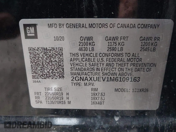2021 Chevrolet Equinox LT with VIN 2GNAXUEV1M6109163, listed as a IAAI auction lot 42063268 with 119,412 mi miles and . Bid and sale history available at DreamBid. Image 9.