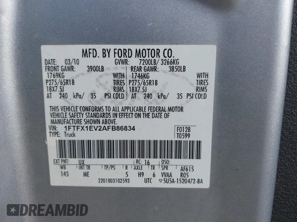 2010 Ford F-150 XL with VIN 1FTFX1EV2AFB86834, listed as a IAAI auction lot 42644796 with 224,461 mi miles and . Bid and sale history available at DreamBid. Image 9.