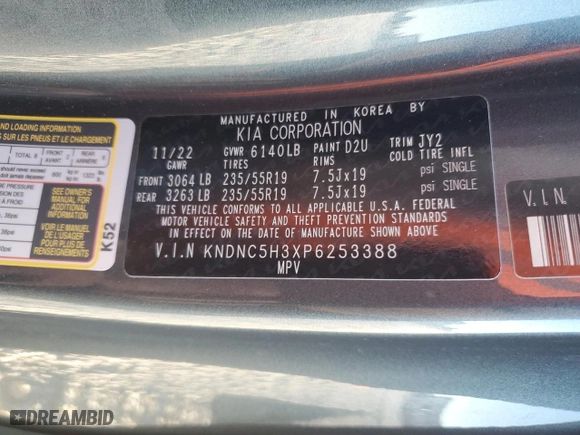 2023 Kia Carnival EX with VIN KNDNC5H3XP6253388, listed as a Copart auction lot 80445364 with 0 mi miles and Salvage Title. Bid and sale history available at carsss.com. Image 13.