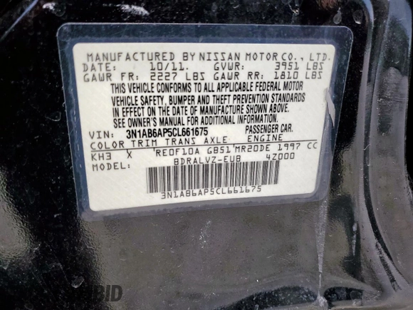 2012 Nissan Sentra S with VIN 3N1AB6AP5CL661675, listed as a Copart auction lot 58003275 with 132,980 mi miles and Salvage title. Bid and sale history available at DreamBid. Image 12.