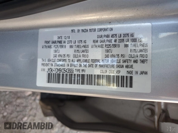2019 Mazda CX-5 Grand Touring with VIN JM3KFADM6K0543888, listed as a Copart auction lot 56310785 with 112,737 mi miles and Salvage title. Bid and sale history available at DreamBid. Image 14.