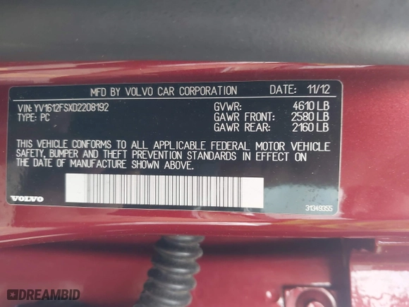 2013 Volvo S60 T5 Premier with VIN YV1612FSXD2208192, listed as a IAAI auction lot 41952296 with 197,095 mi miles. Bid and sale history available at carsss.com. Image 9.