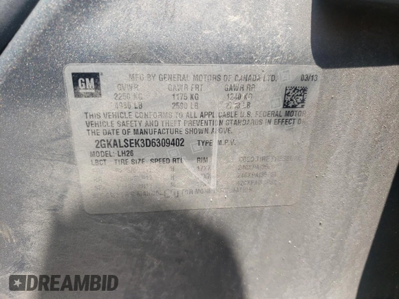 2013 GMC Terrain SLE with VIN 2GKALSEK3D6309402, listed as a Copart auction lot 59613545 with 281,160 mi miles and Salvage title. Bid and sale history available at DreamBid. Image 13.