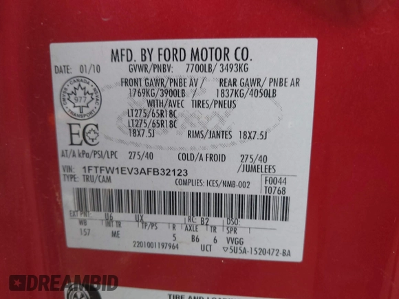 2010 Ford F-150 XL with VIN 1FTFW1EV3AFB32123, listed as a IAAI auction lot 41101499 with 117,456 mi miles and . Bid and sale history available at DreamBid. Image 9.