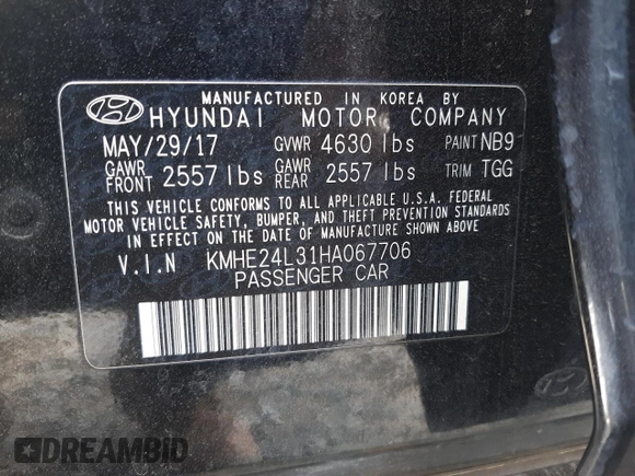 2017 Hyundai Sonata Hybrid SE with VIN KMHE24L31HA067706, listed as a Copart auction lot 63690862 with 137,346 mi miles. Bid and sale history available at carsss.com. Image 10.