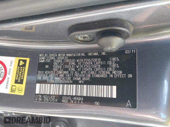 2011 Toyota Highlander Limited with VIN 5TDDK3EH7BS068694, listed as a IAAI auction lot 42252513 with 163,816 mi miles and . Bid and sale history available at DreamBid. Image 9.
