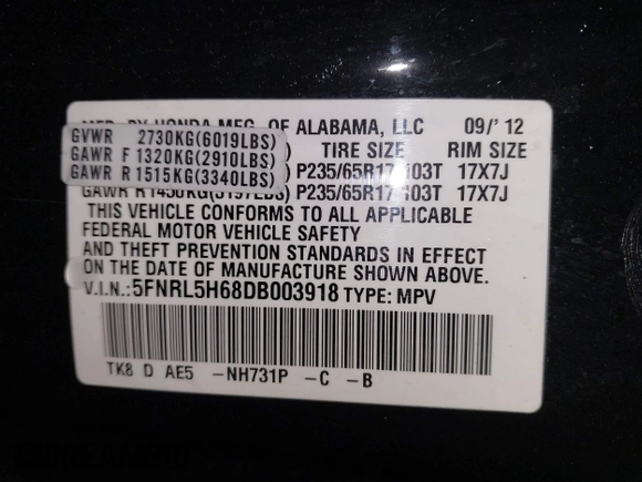2013 Honda Odyssey EX-L с VIN 5FNRL5H68DB003918, выставлен на аукционе IAAI как лот 42233350 с пробегом 157 821 миль миль и . История ставок и продаж доступна на DreamBid. Изображение 9.