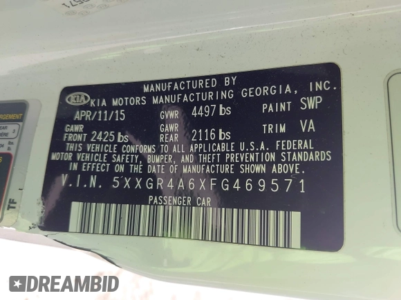 2015 Kia Optima SXL Turbo with VIN 5XXGR4A6XFG469571, listed as a IAAI auction lot 42484269 with 94,372 mi miles and . Bid and sale history available at DreamBid. Image 9.