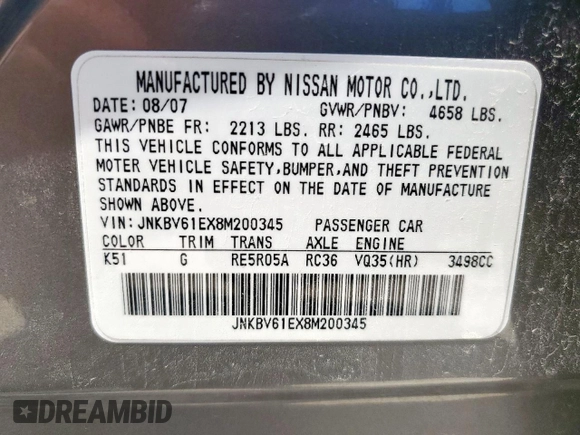 2008 Infiniti G35 Journey with VIN JNKBV61EX8M200345, listed as a Copart auction lot 51952815 with 173,074 mi miles and Salvage Title. Bid and sale history available at DreamBid. Image 15.