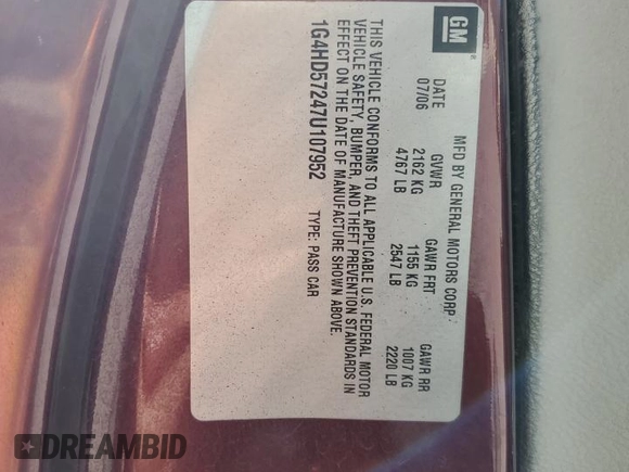 2007 Buick Lucerne CXL with VIN 1G4HD57247U107952, listed as a Copart auction lot 46883055 with 184,726 mi miles and Salvage Title. Bid and sale history available at DreamBid. Image 12.