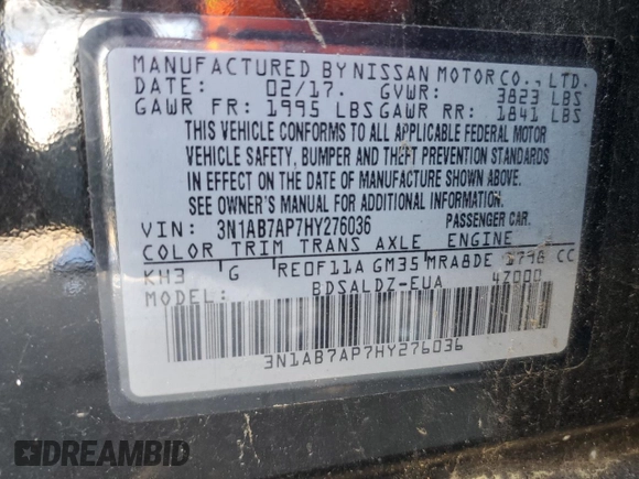 2017 Nissan Sentra SR with VIN 3N1AB7AP7HY276036, listed as a Copart auction lot 52701855 with 104,831 mi miles and Clean Title. Bid and sale history available at carsss.com. Image 12.