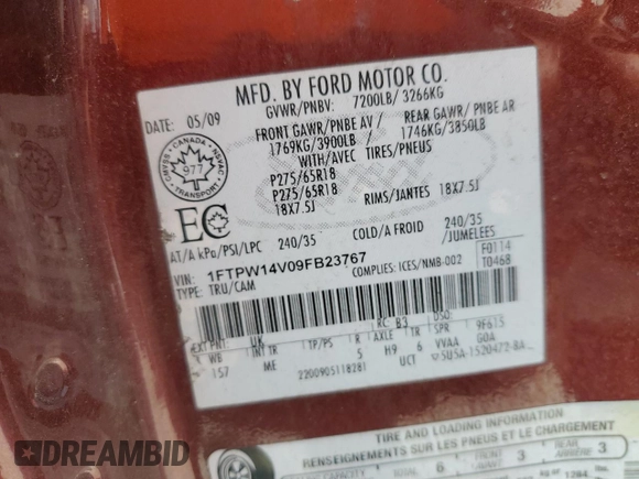 2009 Ford F-150 XL с VIN 1FTPW14V09FB23767, выставлен на аукционе Copart как лот 61415955 с пробегом 351 194 миль миль и Чистый • Clean title. История ставок и продаж доступна на DreamBid. Изображение 12.