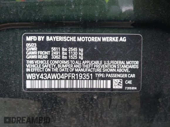 2023 BMW i4 eDrive35 z VIN WBY43AW04PFR19351, wystawiony jako IAAI lot #41841961 z przebiegiem 28 175 mil mil oraz . Historia ofert i sprzedaży dostępna na DreamBid. Obrazek 9.