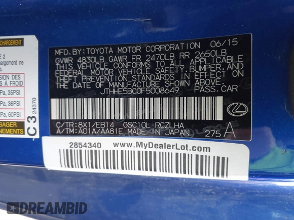 2015 Lexus RC 350 F Sport with VIN JTHHE5BC0F5008649, listed as a IAAI auction lot 41591221 with 119,794 mi miles and . Bid and sale history available at DreamBid. Image 9.