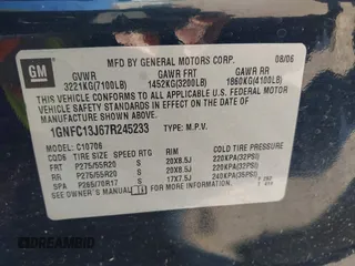 2007 Chevrolet Tahoe LTZ with VIN 1GNFC13J67R245233, listed as a IAAI auction lot 41726159 with 203,841 mi miles and . Bid and sale history available at DreamBid. Image 9.